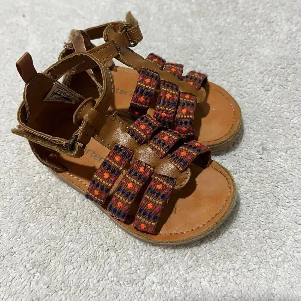 Carters Baby Girl Brown Gladiator Sandals 6 T Strap Boho Colorful Strappy Pink